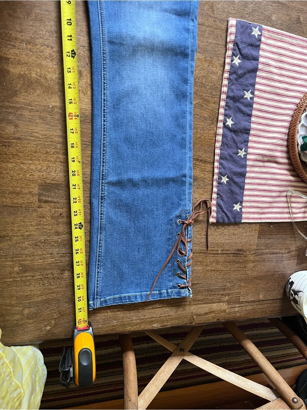 NWT. Flamingals Wash Grommet Eyelet Lace Up Mid Waist Flare Leg Jeans - Picture 2 of 7